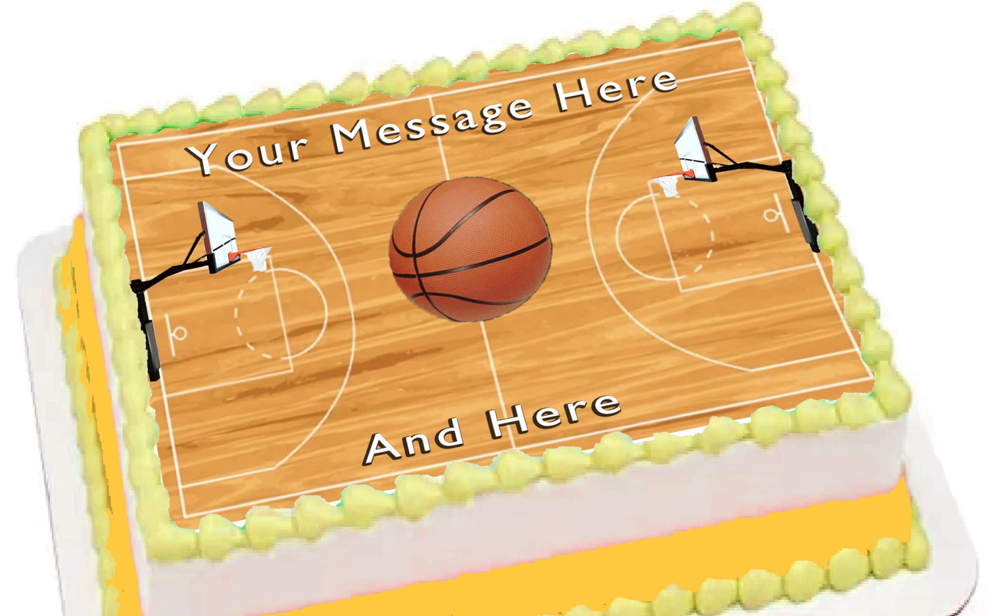 Basketball-themed edible image with customizable text on a wooden court designed cake topper