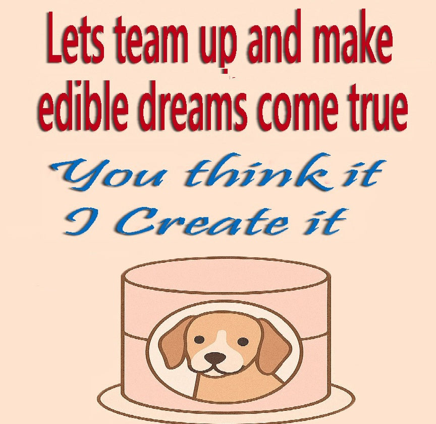 teaming up to create an edible image with a cake illustration featuring a dog on a beige background