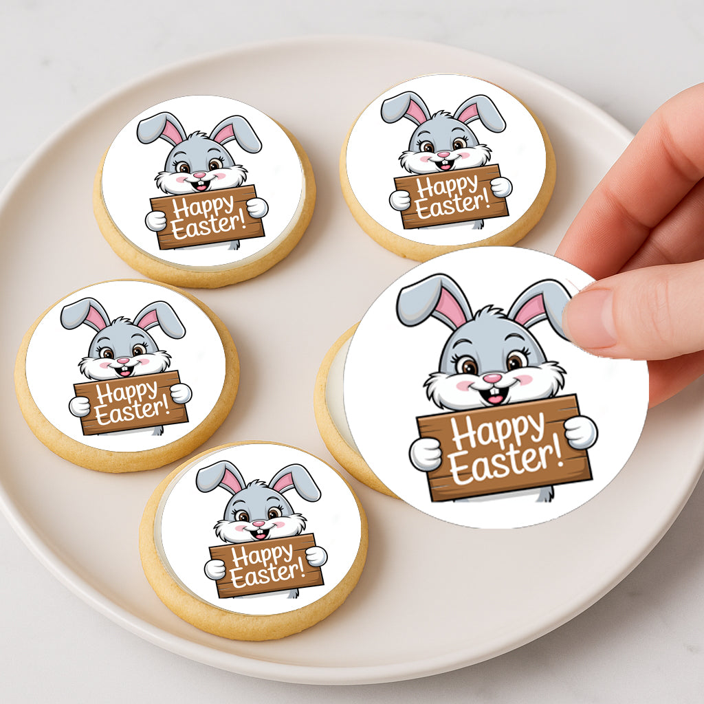 Easter Bunny Happy Easter Sign  Icing Sheet Cookie & Cupcake Topper 20 Precut 2” Edible Images Easy to Use