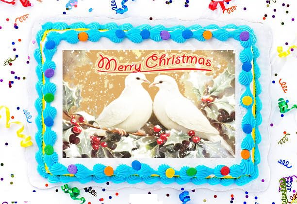 Custom Edible Cake Topper – Turtle Doves Christmas Design – 1/4 Sheet Cake (9x13) – Precut Icing Sheet – RA Pape