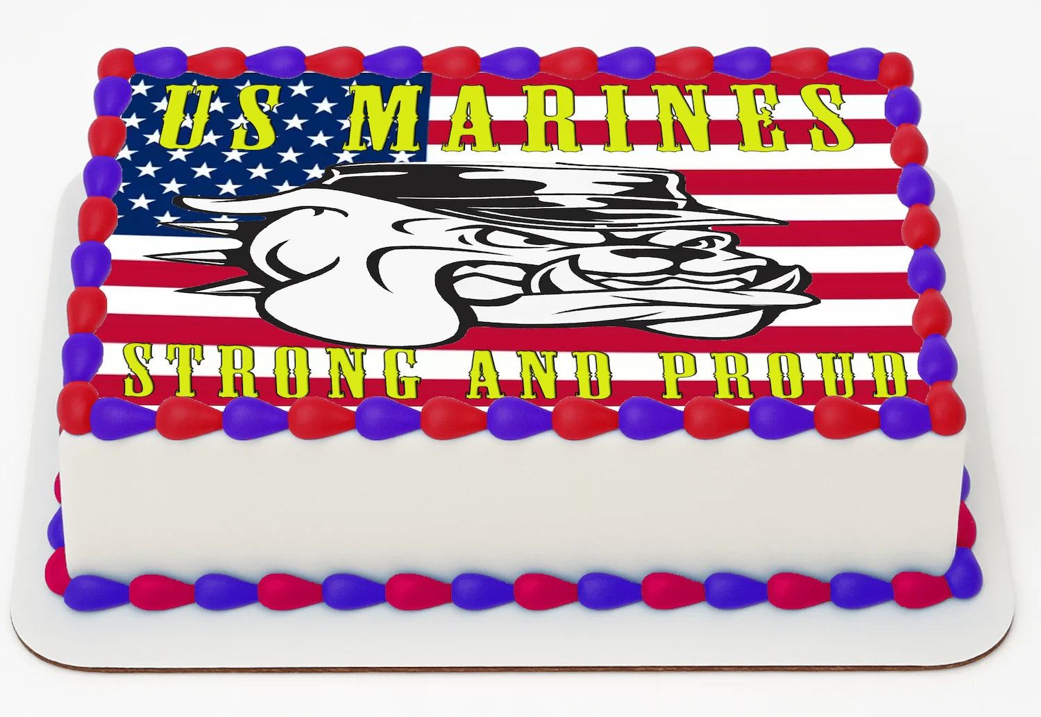 Custom Edible Cake Topper – USMC Marine Bull Dog Proud and Strong Design – 1/4 Sheet Cake (9x13) – Precut Icing Sheet – RA Pape