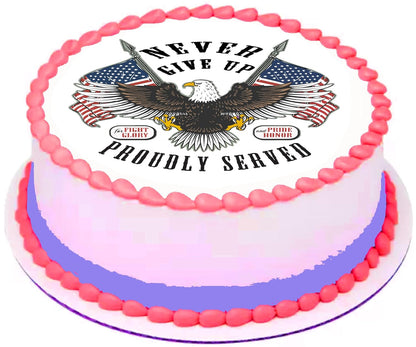 RA Pape Veteran's Proudly Served Eagle Flag Edible Image Cake Topper – Pre-cut 8" Round Icing Sheet Easy to Use