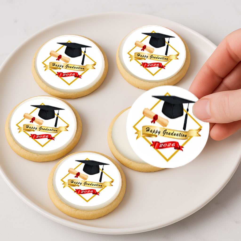 Custom Edible Cookie & Cupcake Topper Golden Graduate Design 20 - 2” Precut Icing Sheet - RA Pape