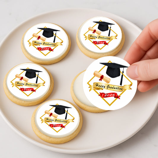 Custom Edible Cookie & Cupcake Topper Golden Graduate Design 20 - 2” Precut Icing Sheet - RA Pape