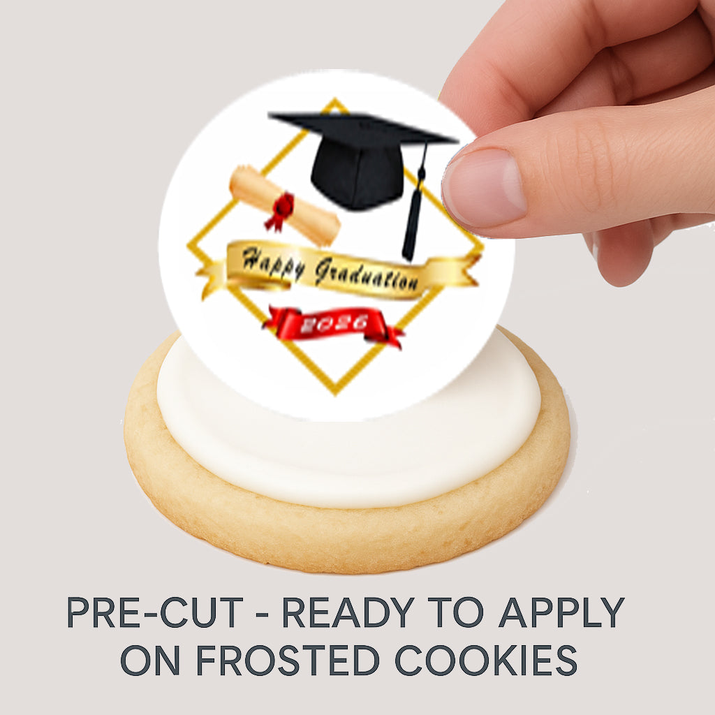 Custom Edible Cookie & Cupcake Topper Golden Graduate Design 20 - 2” Precut Icing Sheet - RA Pape Ready to Use