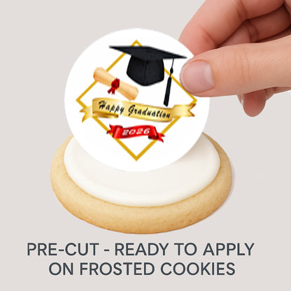 Custom Edible Cookie & Cupcake Topper Golden Graduate Design 20 - 2” Precut Icing Sheet - RA Pape Ready to Use