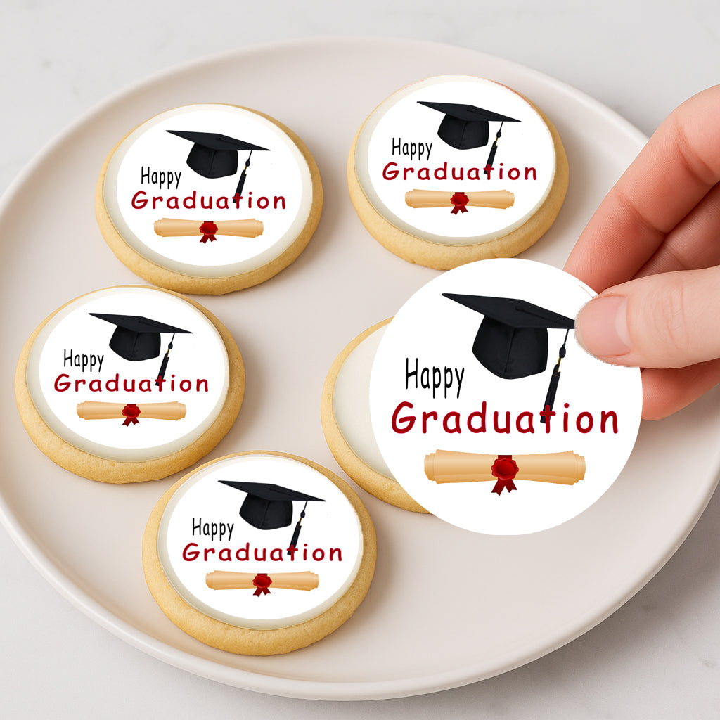 Custom Edible Cookie & Cupcake Topper Graduation Cap and Scroll Design 20 - 2” Precut Icing Sheet - RA Pape