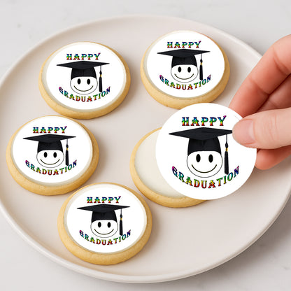Custom Edible Cookie & Cupcake Topper Happy Face Graduation Design 20 - 2” Precut Icing Sheet - RA Pape