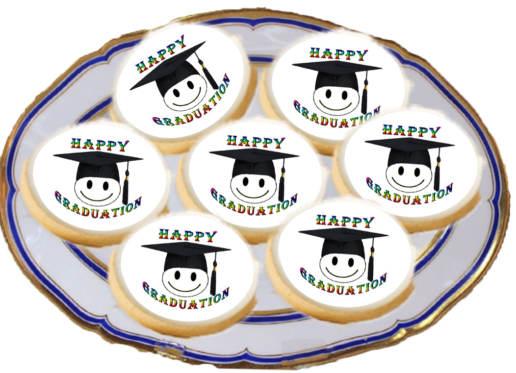 Custom Edible Cookie & Cupcake Topper Happy Face Graduation Design on a platter20 - 2” Precut Icing Sheet - RA Pape