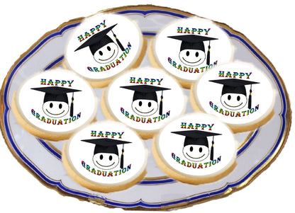 Custom Edible Cookie & Cupcake Topper Happy Face Graduation Design on a platter20 - 2” Precut Icing Sheet - RA Pape
