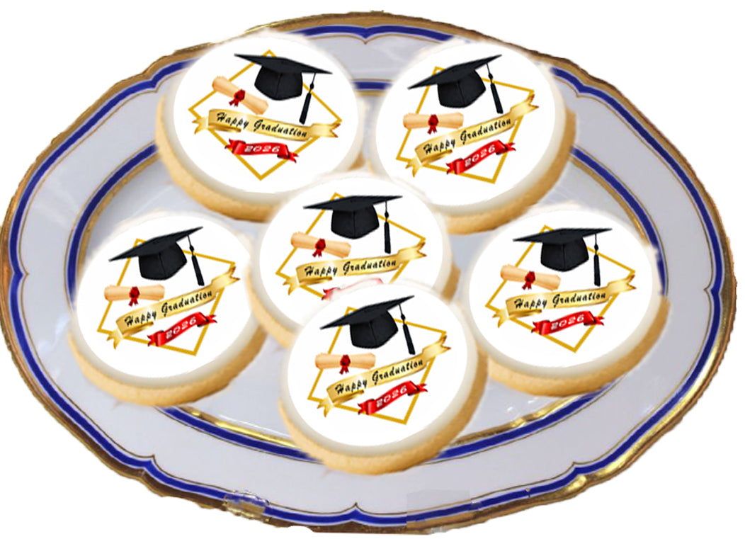 Custom Edible Cookie & Cupcake Topper Golden Graduate Design 20 - 2” Precut Icing Sheet - RA Pape