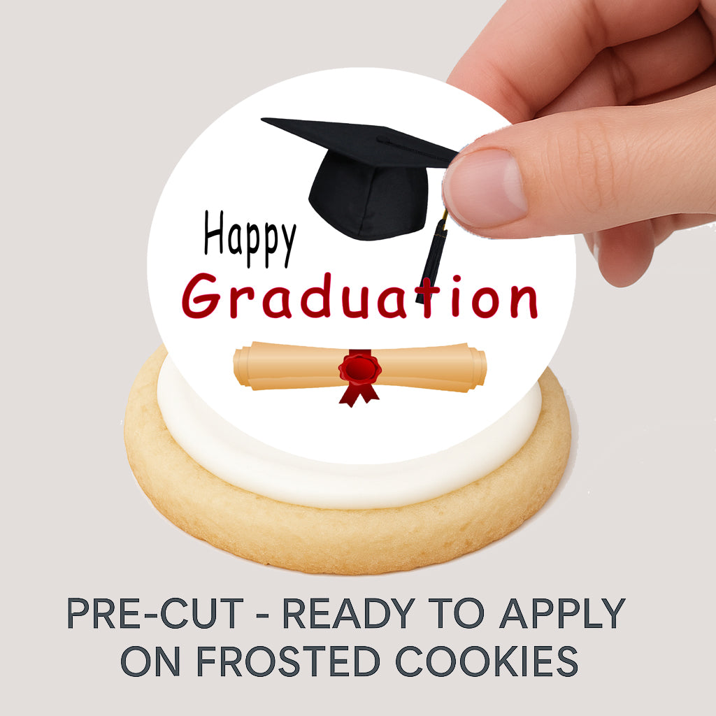 Custom Edible Cookie & Cupcake Topper Graduation Cap and Scroll Design 20 - 2” Precut Icing Sheet - RA Pape pre cut 