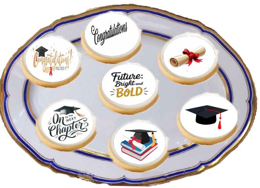 Plate of Custom Edible Cookie & Cupcake Topper Mixed Graduation Designs 20 - 2” Precut Icing Sheet - RA Pape easy to use