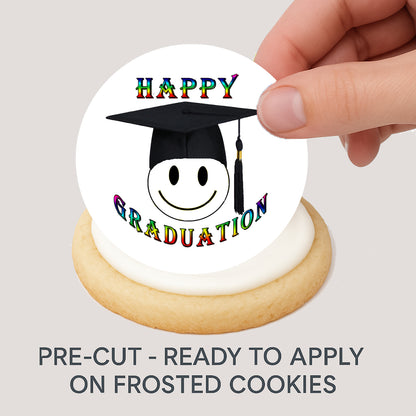 Custom Edible Cookie & Cupcake Topper Happy Face Graduation Design 20 - 2” Precut Icing Sheet - RA Pape- easy to apply