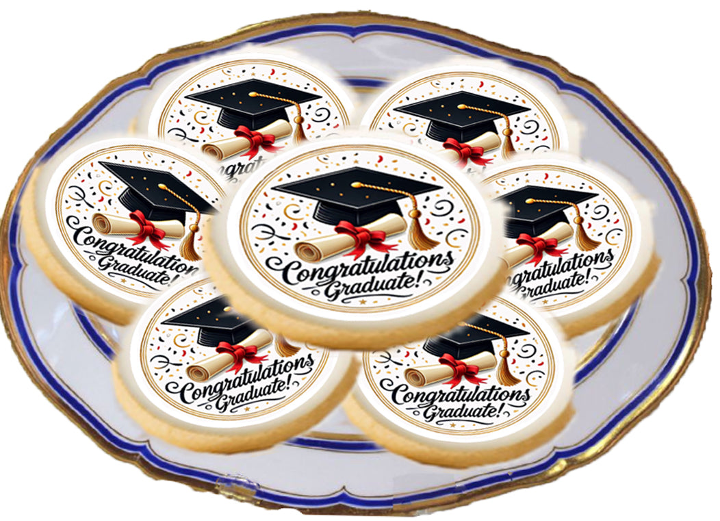 Custom Edible Cookie & Cupcake Topper Congratulation Graduate Design 20 - 2” Precut Icing Sheet - RA Pape on a platter