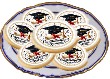 Custom Edible Cookie & Cupcake Topper Congratulation Graduate Design 20 - 2” Precut Icing Sheet - RA Pape on a platter