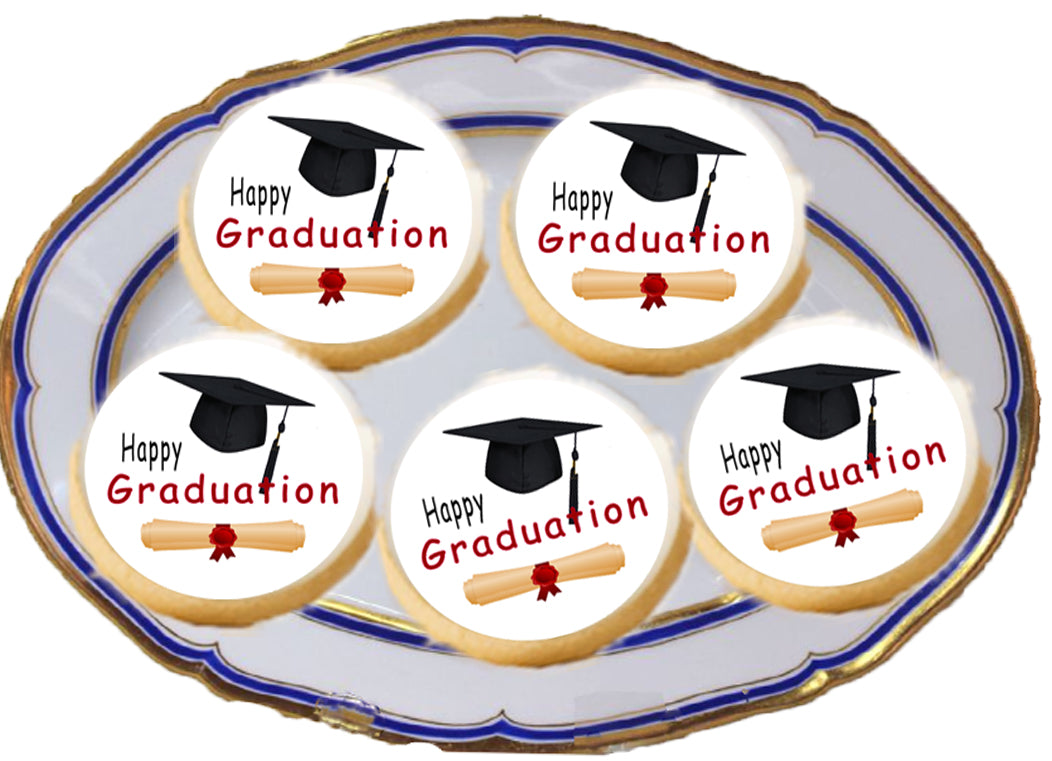 Custom Edible Cookie & Cupcake Topper Graduation Cap and Scroll Design 20 - 2” Precut Icing Sheet - RA Pape ready to apply