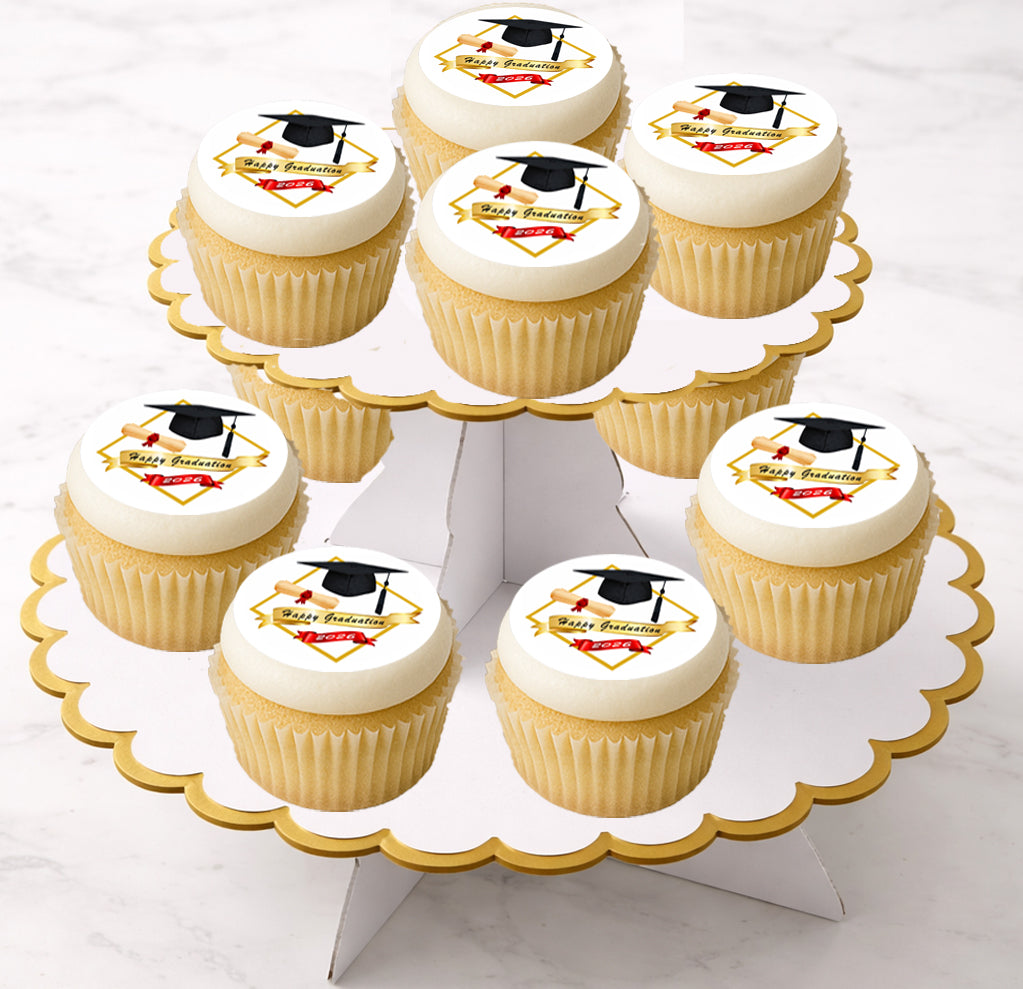 Custom Edible Cookie & Cupcake Topper Golden Graduate Design 20 - 2” Precut Icing Sheet - RA Pape easy to use