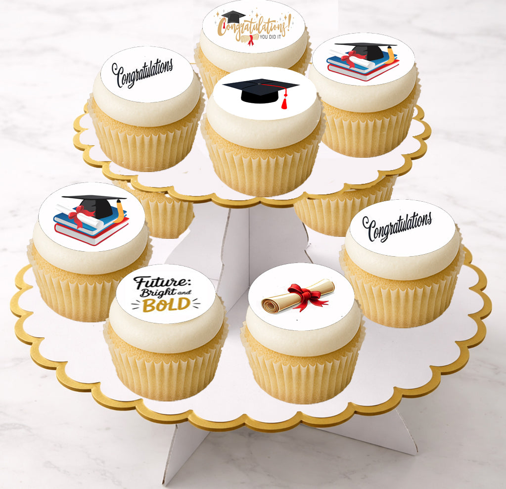 Custom Edible Cupcake Topper Mixed Graduation Designs 20 - 2” Precut Icing Sheet - RA Pape
