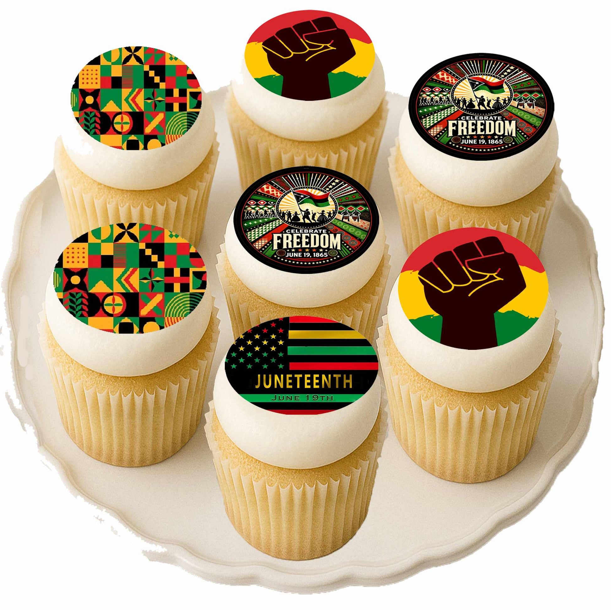 Custom Edible Cookie & Cupcake Topper Juneteenth Mixed Set 20 - 2” Precut Icing Sheet - RA Pape
on a plate