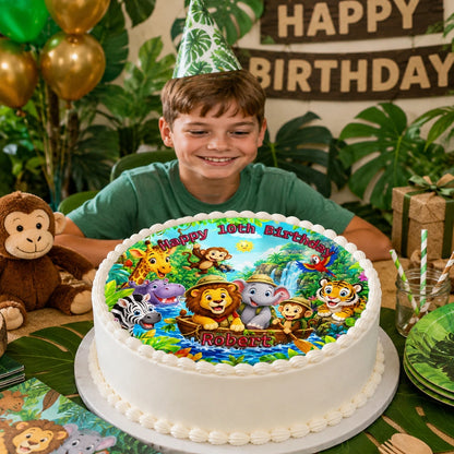 Party Time Custom Edible Image Cake Topper - Jungle Safari Adventure Birthday - Precut 8" Icing Sheet - RA Pape