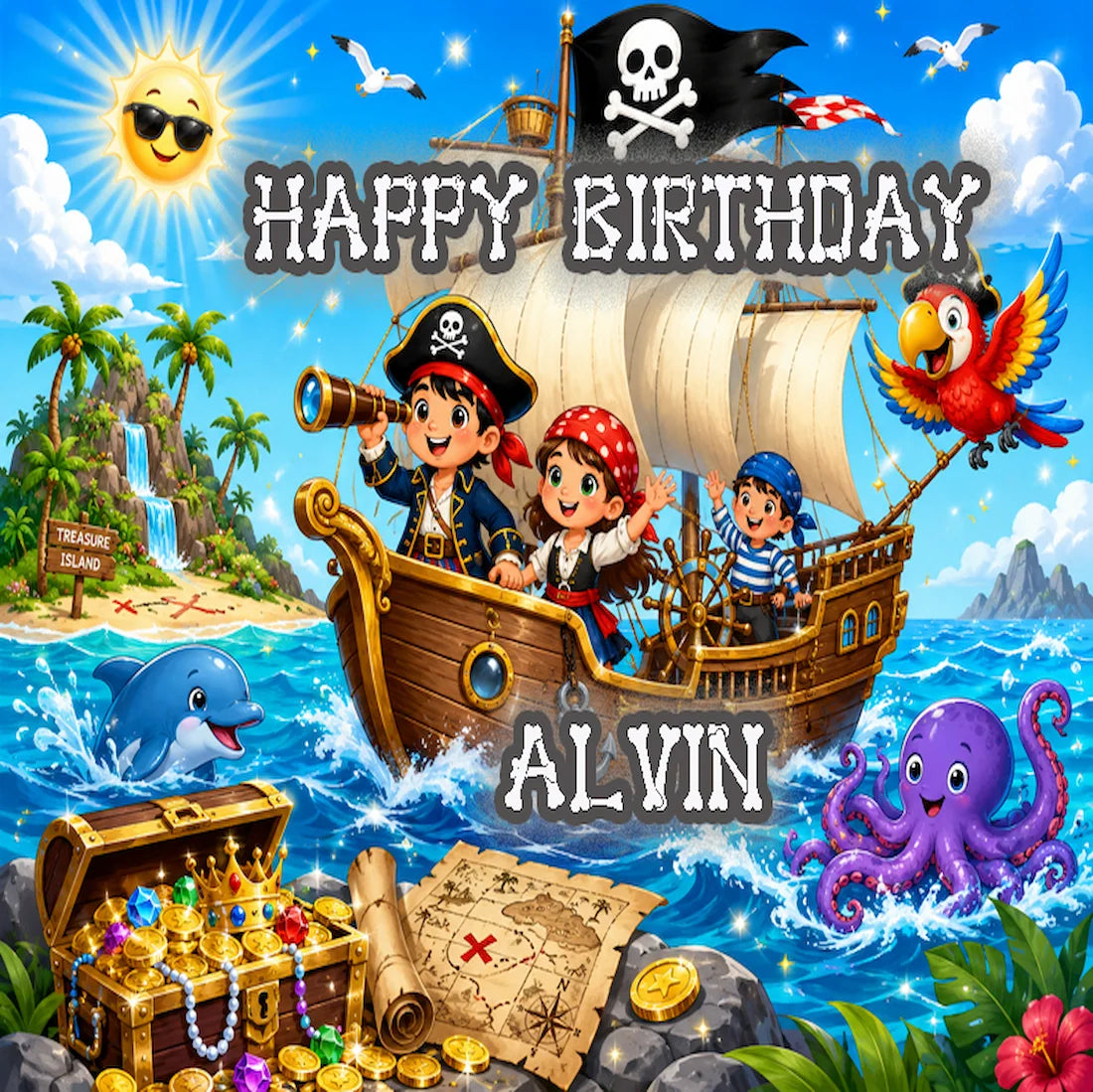 Custom Edible Image Cake Topper - Pirate Treasure Adventure  - 1/4 Icing Sheet - RA Pape easy to use