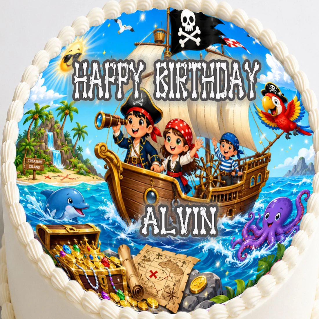 Custom Edible Image Cake Topper - Pirate Treasure Adventure - Precut 8 " Icing Sheet - RA Pape Easy to use