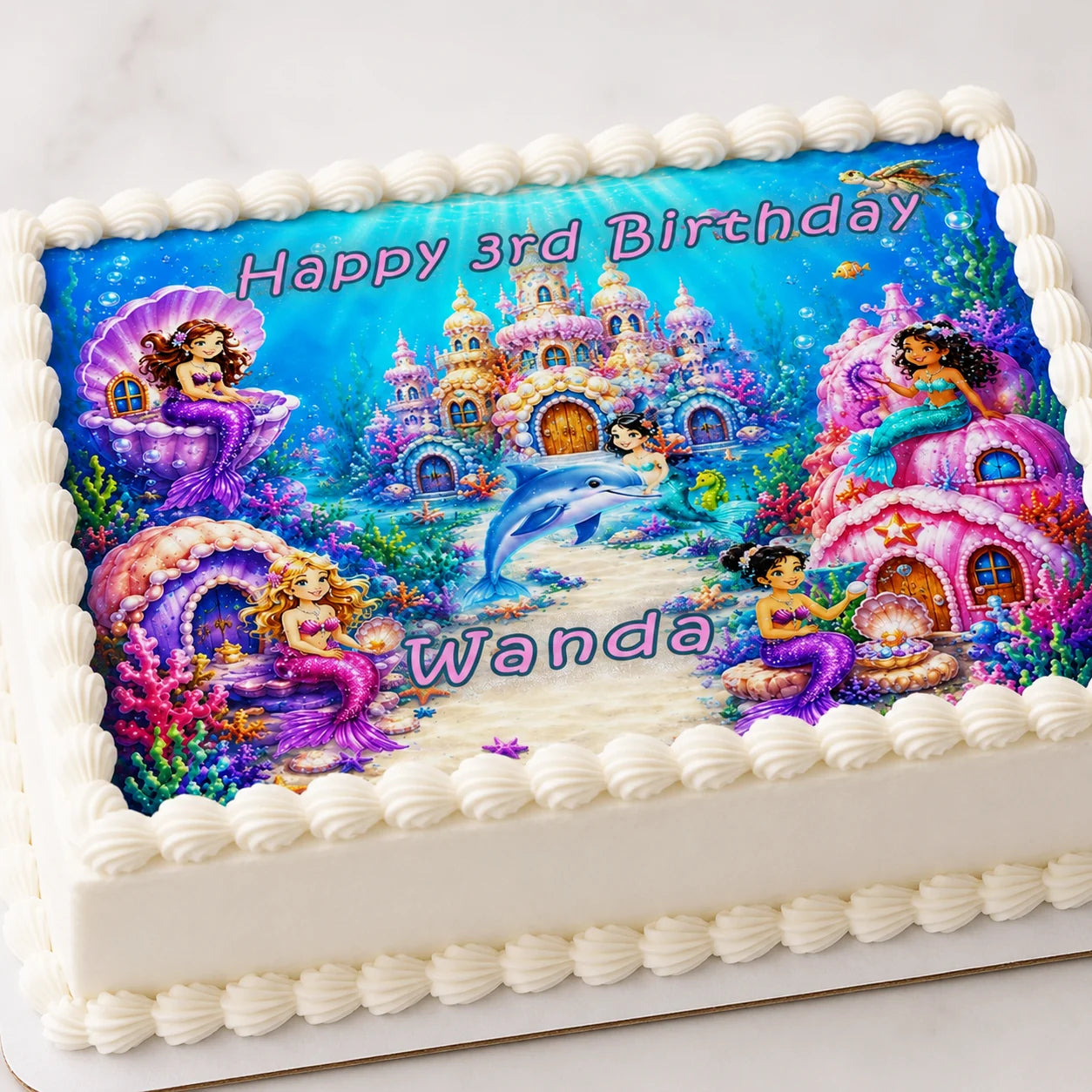 Custom Edible Image Topper - Mermaid Village Under The Sea Birthday -1/4 Icing Sheet - RA Pape