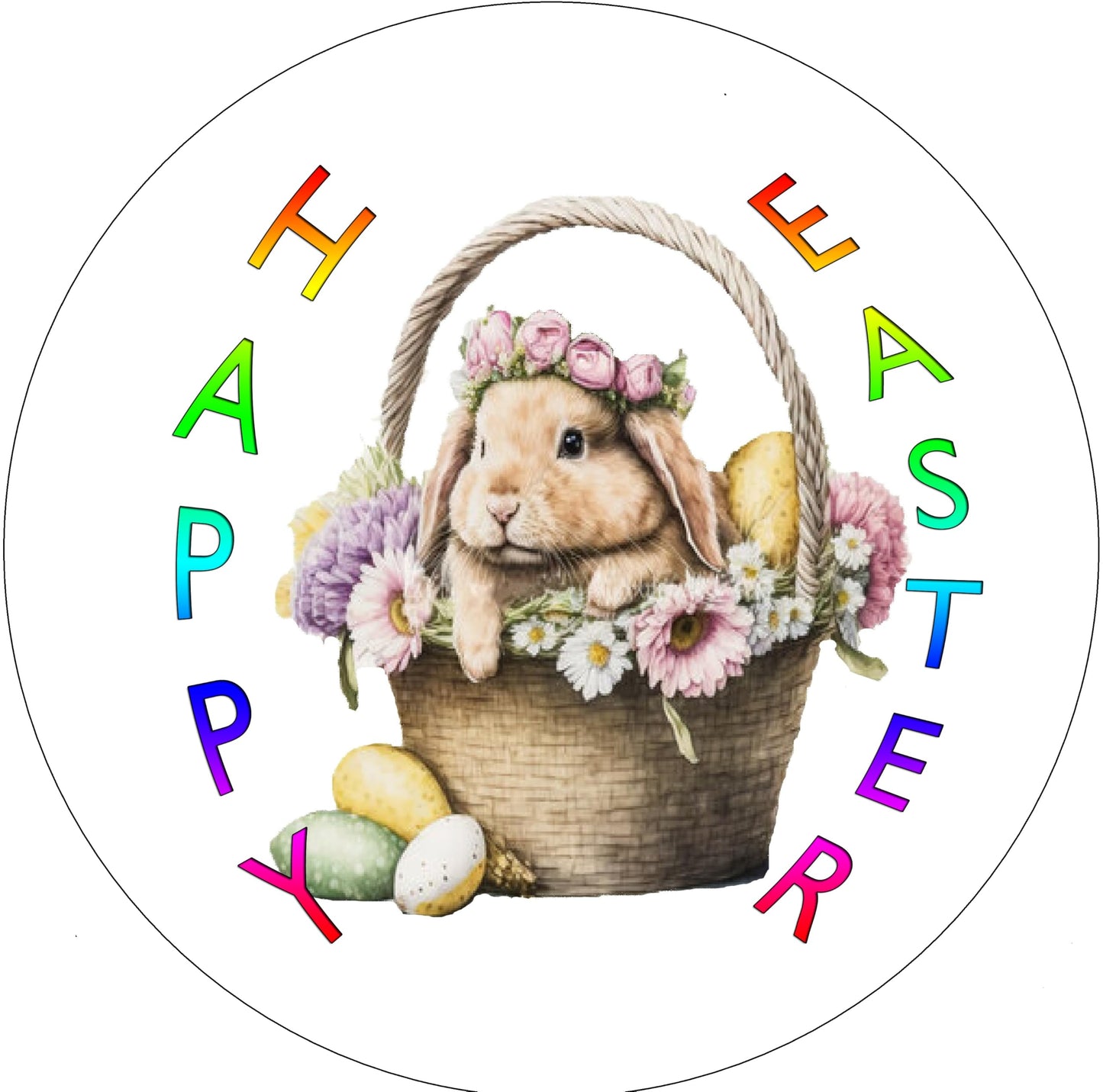Vibrant Cute Easter Bunny in a  Basket Edible Image Cake Topper