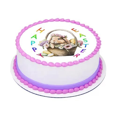Custom Edible Cake Topper – Cute Easter Bunny in a  Basket Design – Pre-cut 8" Round Icing Sheet – RA Pape