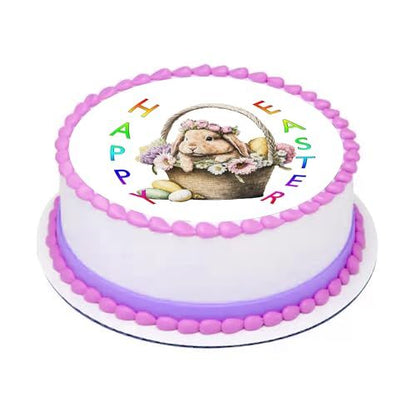 Custom Edible Cake Topper – Cute Easter Bunny in a  Basket Design – Pre-cut 8" Round Icing Sheet – RA Pape