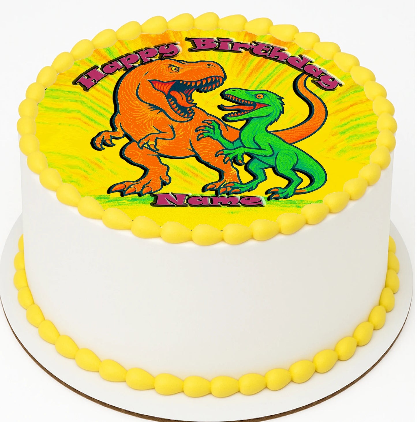 Birthday edible image cake topper with dinosaur design, featuring 'Happy Birthday' text.
