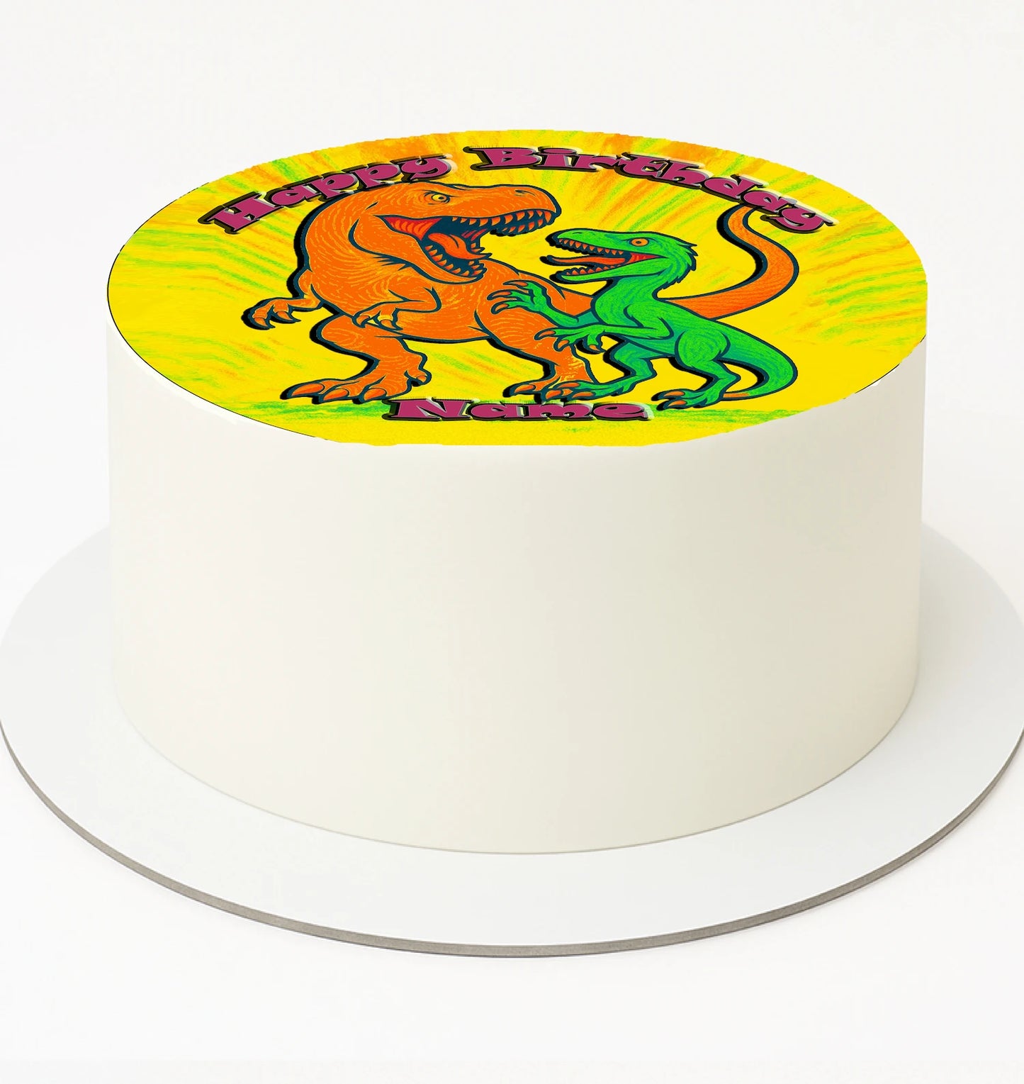 Round cake with dinosaur design and 'Happy Birthday' text