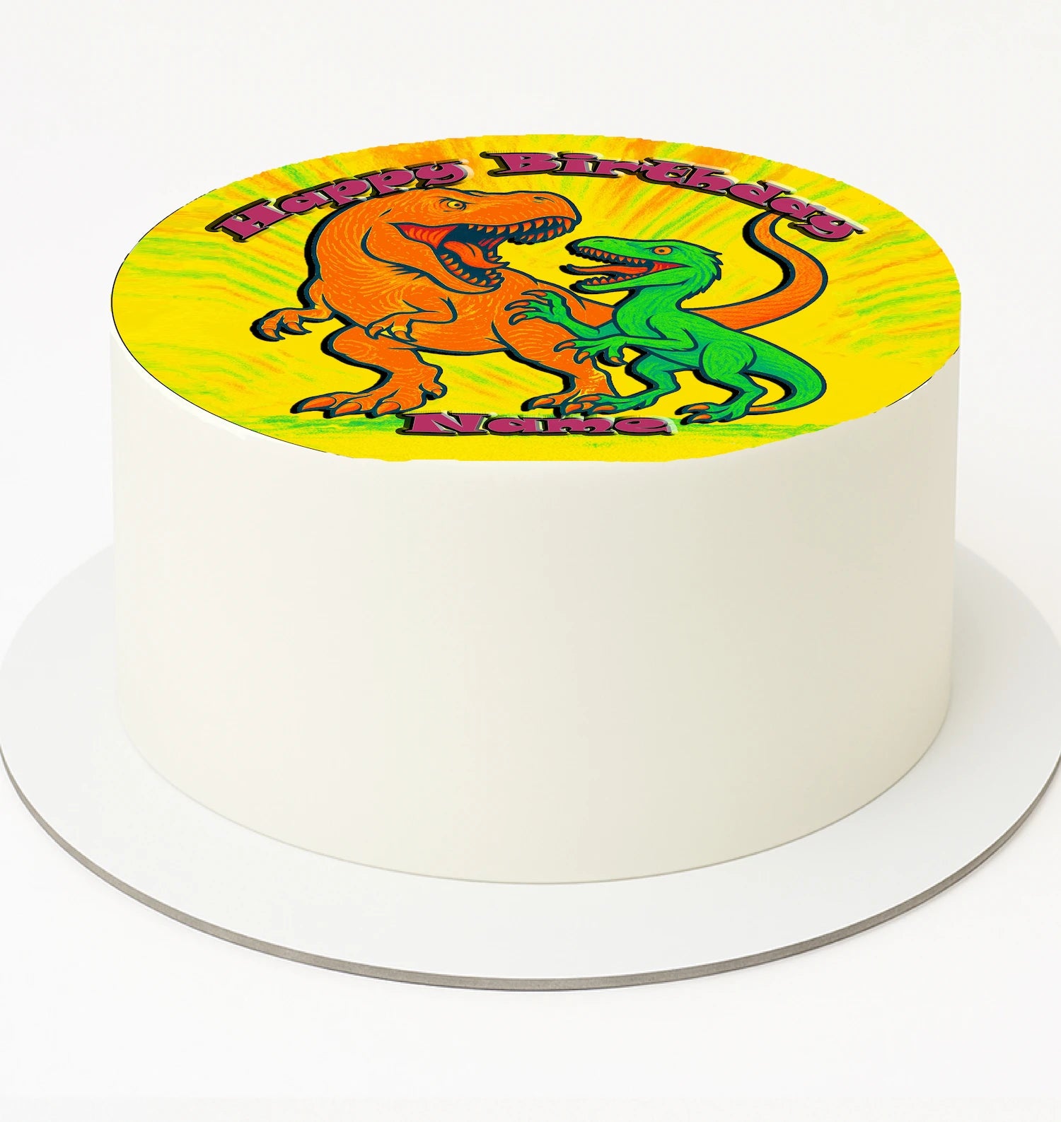 Round cake with dinosaur design and 'Happy Birthday' text