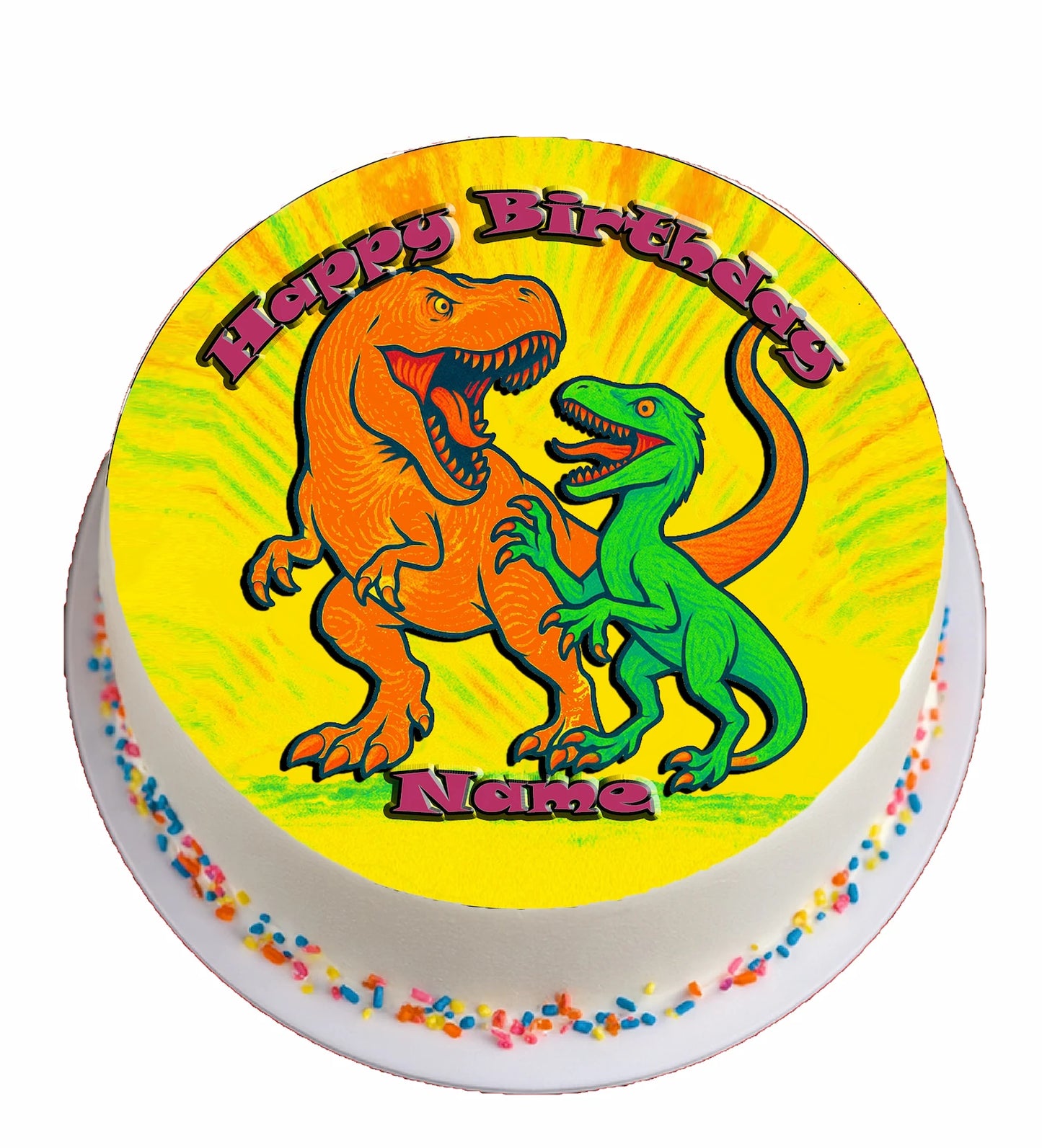 Round birthday edible image cake topper with two dinosaurs, and 'Happy Birthday', text.