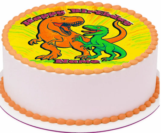 Dinosaur Jurassic Edible Birthday Image Cake Topper With 'Happy Birthday & Name' Text 