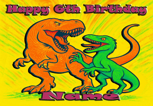 Birthday Cake Topper made by Edible Icing Images with two dinosaurs on a yellow background