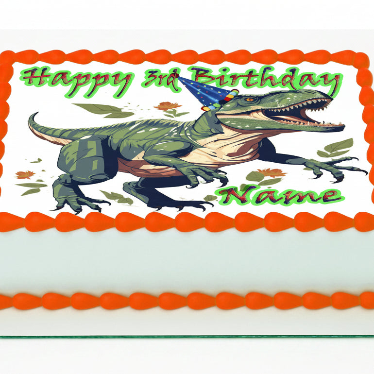 Tyrannosaurus T-Rex Dinosaur Edible Image Sheet Cake Topper personalized with happy birthday text and name