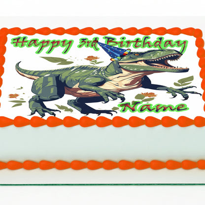 Tyrannosaurus T-Rex Dinosaur Edible Image Sheet Cake Topper personalized with happy birthday text and name