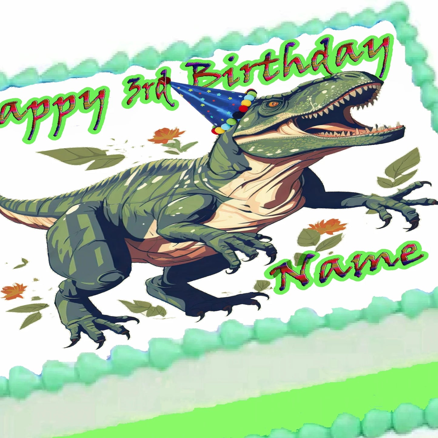 Tyrannosaurus T-Rex Dinosaur Edible Image Sheet Cake Topper personalized with happy birthday text and name