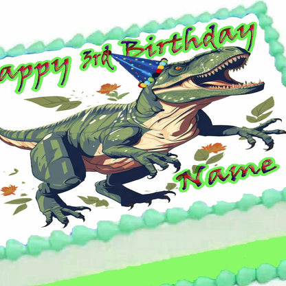 Tyrannosaurus T-Rex Dinosaur Edible Image Sheet Cake Topper personalized with happy birthday text and name