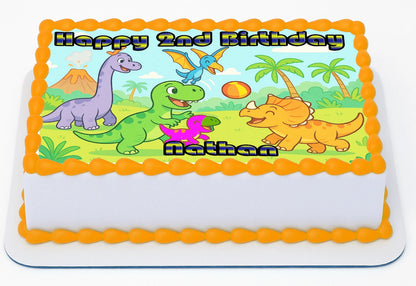 Dinosaur at Play Birthday Edible Image Cake Topper – 1/4 Icing Sheet – RA Pape