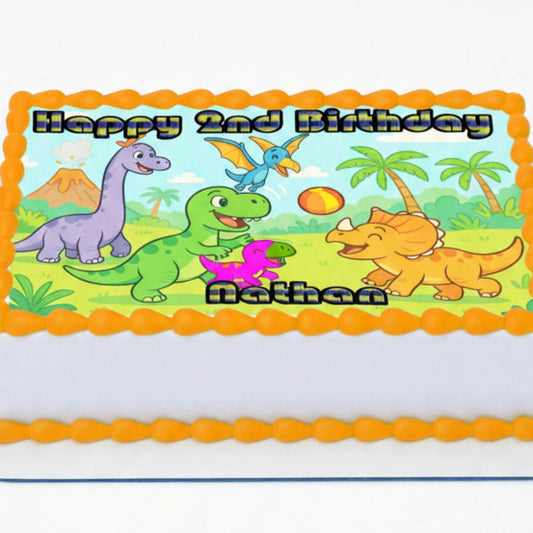 Dinosaur at Play Birthday Edible Image Cake Topper – 1/4 Icing Sheet – RA Pape