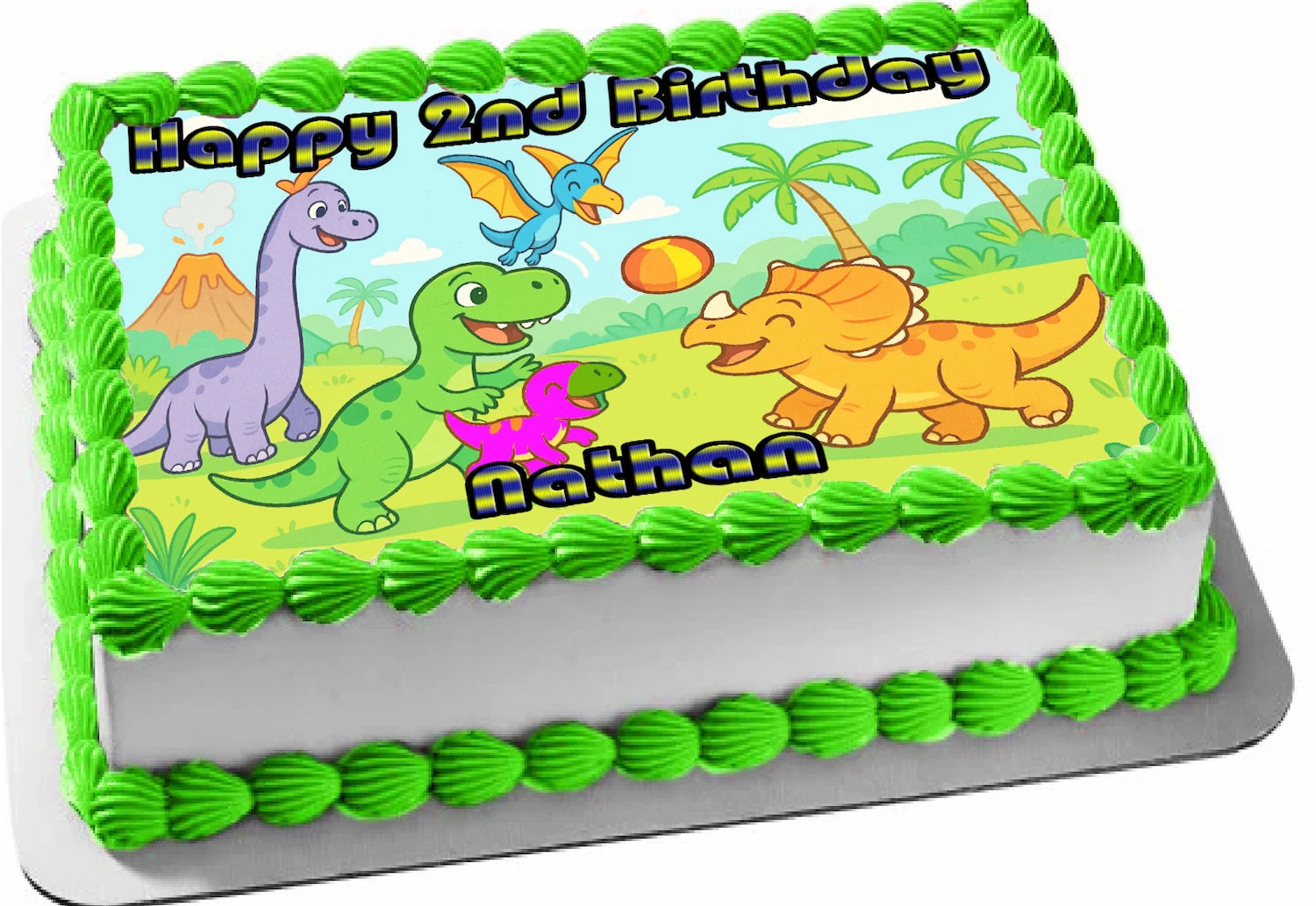 Dinosaurs at Play Edible Image Sheet Cake Topper with dinosaur design and 'Happy 2nd Birthday' & Name Personalized 