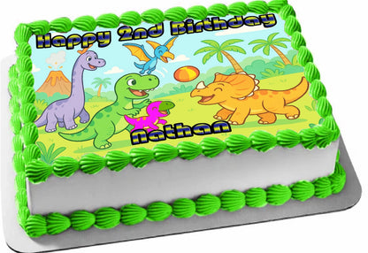 Dinosaurs at Play Edible Image Sheet Cake Topper with dinosaur design and 'Happy 2nd Birthday' & Name Personalized 