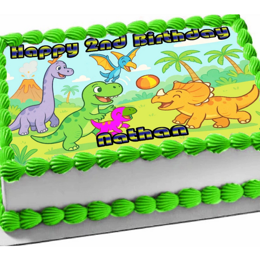 Dinosaur at Play Birthday Edible Image Cake Topper – 1/4 Icing Sheet – RA Pape
