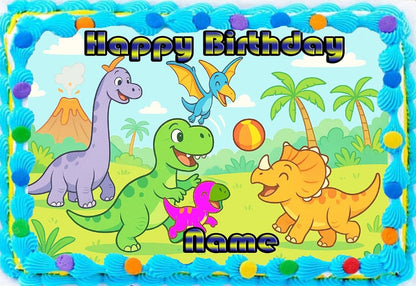 Dinosaur at Play Birthday Edible Image Cake Topper – 1/4 Icing Sheet – RA Pape Fun for everyone