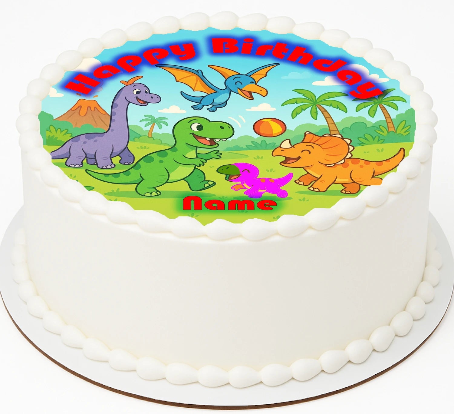Birthday cake topper with dinosaurs playing design and 'Happy Birthday' text.