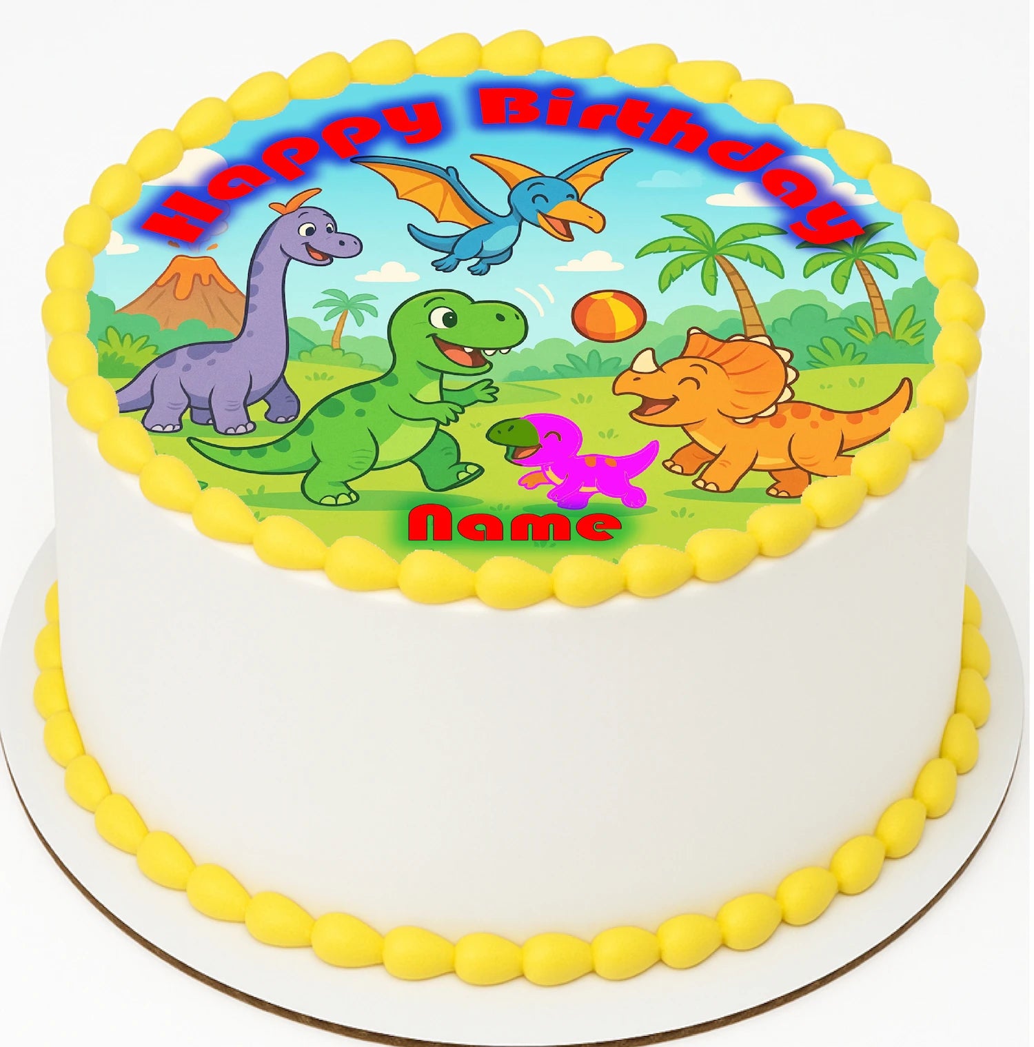 Edible icingbBirthday cake topperr with dinosaur design and customizable name.