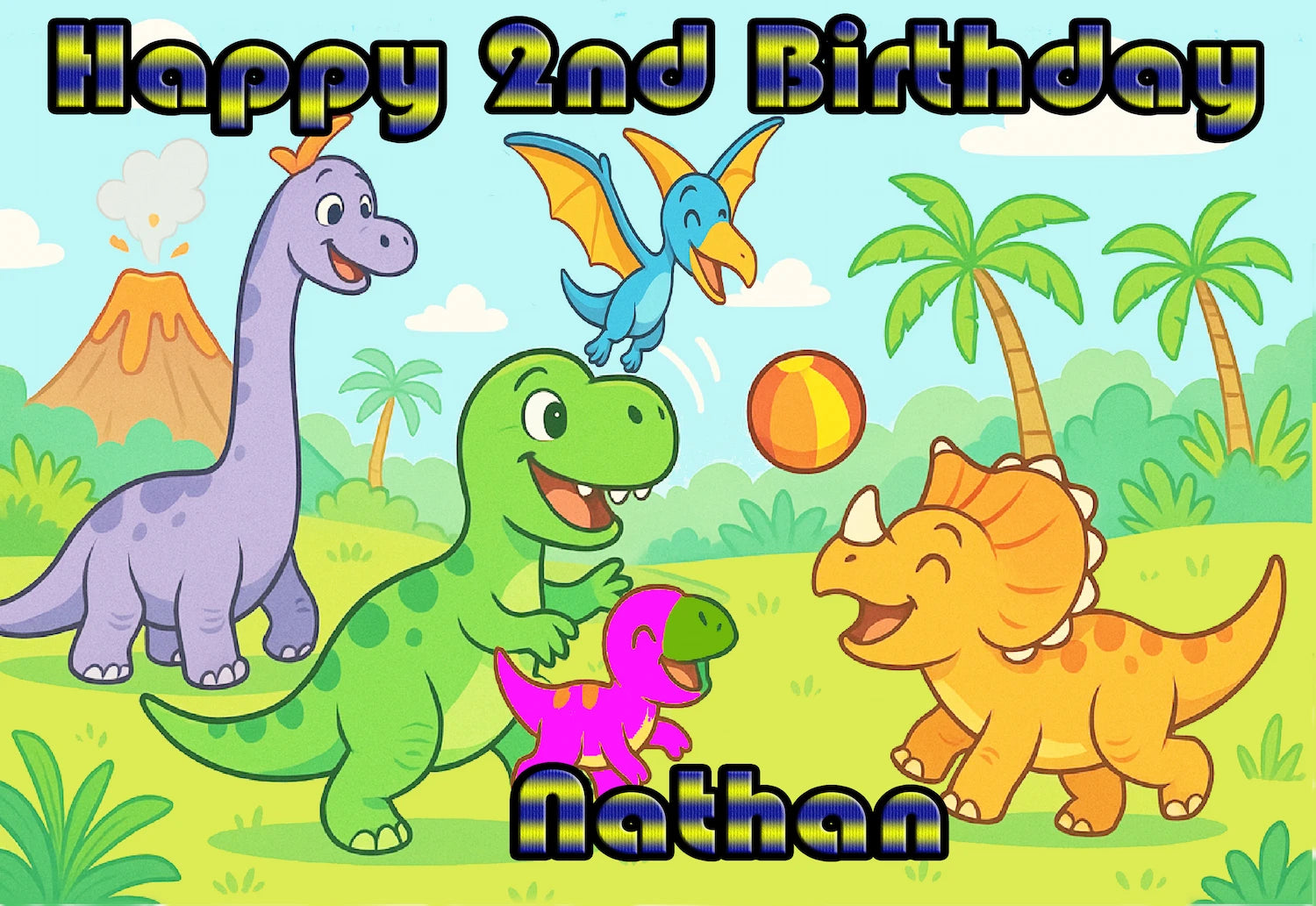 Cartoon dinosaurs playing with a ball in a jungle setting, celebrating a 2nd birthday with the name all Personalized for you by Edible Icing Images